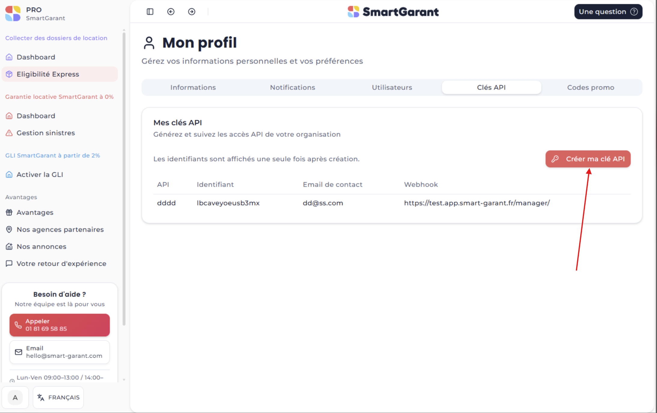 API keys page